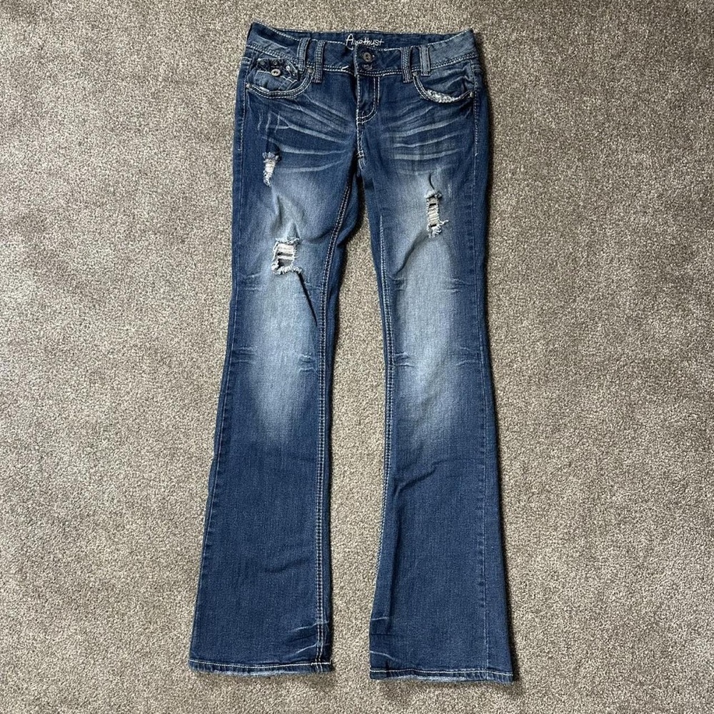 Amethyst Jeans Women's Distressed Flare Jeans in Dark Blue